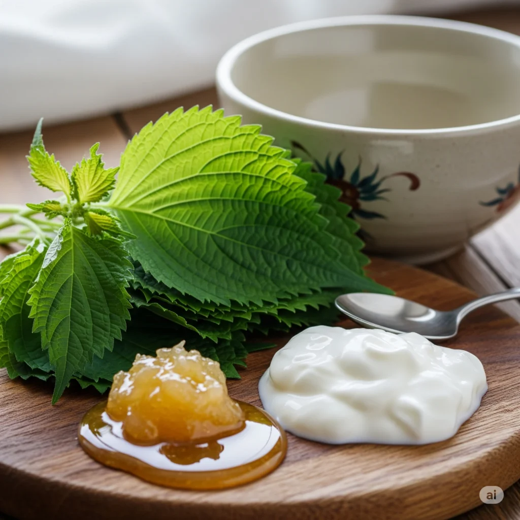 Nguyên liệu làm mặt nạ lá tía tô: lá tươi, mật ong, sữa chua không đường.