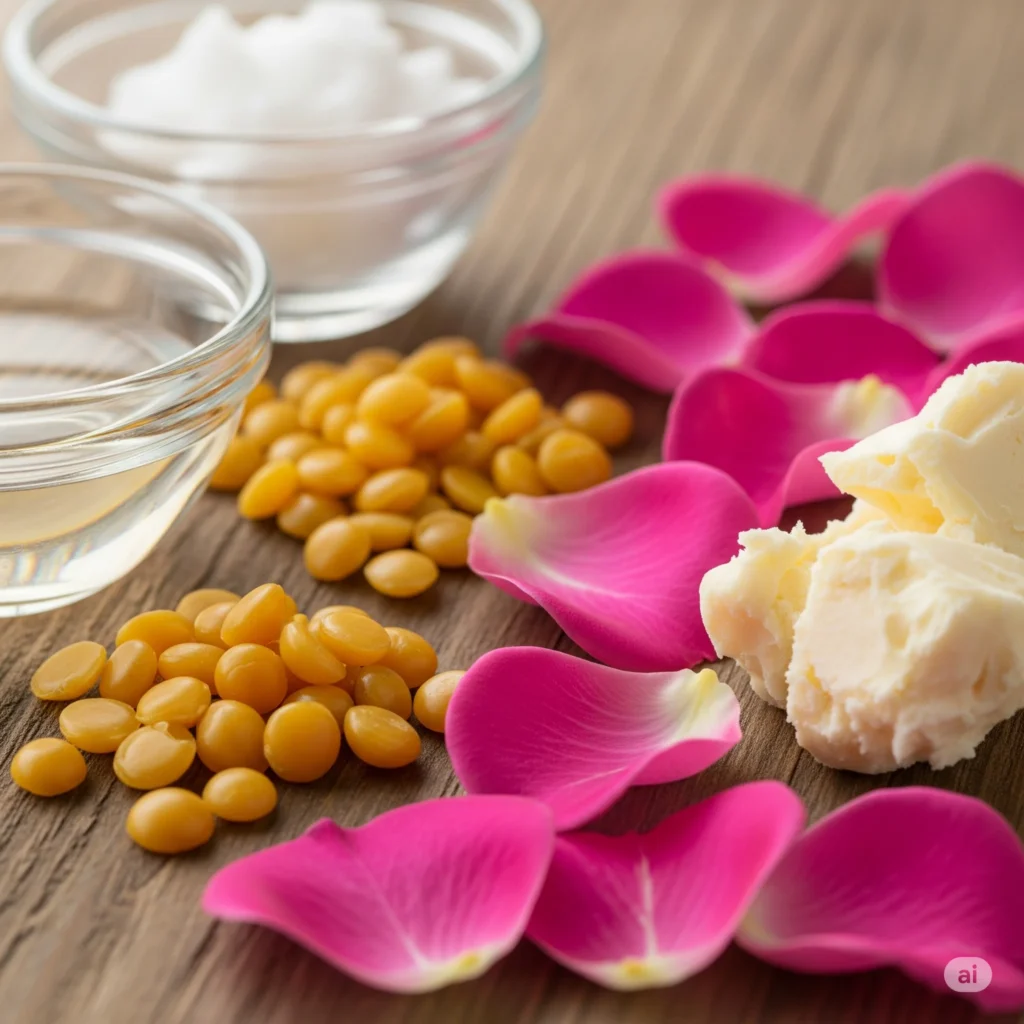 Nguyên liệu làm son môi từ hoa hồng: cánh hoa, sáp ong, dầu dừa, bơ hạt mỡ