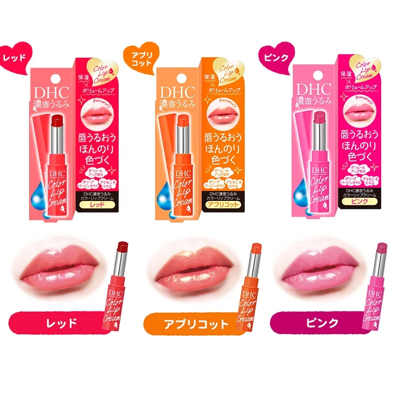 Bảng màu son dưỡng DHC Color Lip Cream với tông hồng phấn, đỏ cam, đỏ cherry